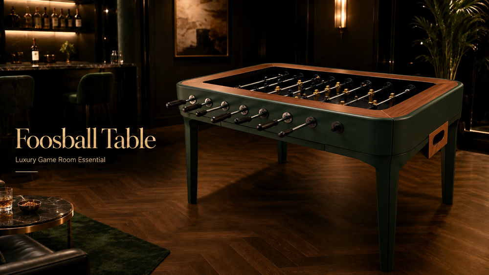 Negroni foosball table by ARGMAC in green leather with walnut trim, gold and black foosball players lined on wooden handles and rods, in a dark bar lounge.