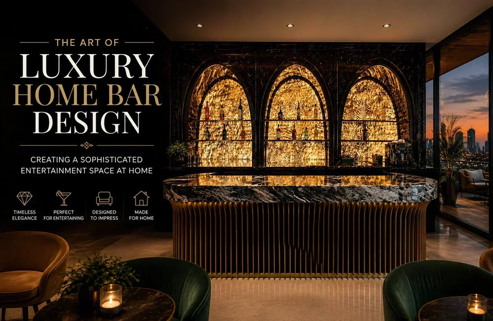 ARGMAC Archeon home bar with three illuminated, gold arch shelves, a curved black marble bar counter on a fluted gold base, set in a lounge with a glowing dusk city skyline nearby.