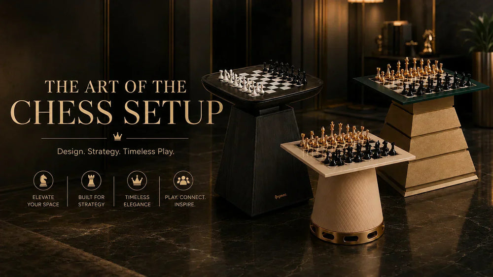 ARGMAC collection of chess tables with dark wood, gold, and cream pedestal bases, set with black and gold chess characters, blog cover on marble flooring in a moody luxury interior