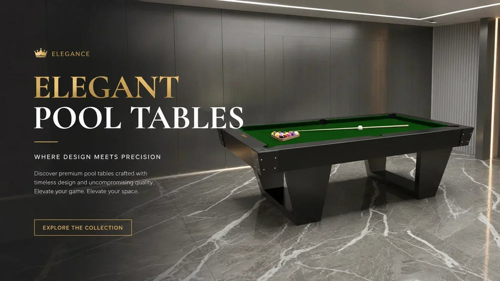 ARGMAC Embargo billiard table top in green cloth with racked pool balls and a cue, black angular frame and legs, blog cover on dark marble flooring with warm golden accent lighting