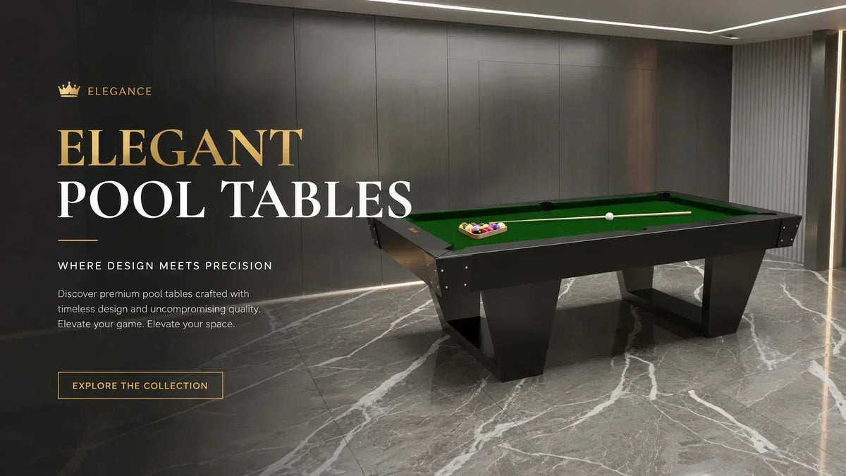 ARGMAC Embargo billiard table top in green cloth with racked pool balls and a cue, black angular frame and legs, blog cover on dark marble flooring with warm golden accent lighting