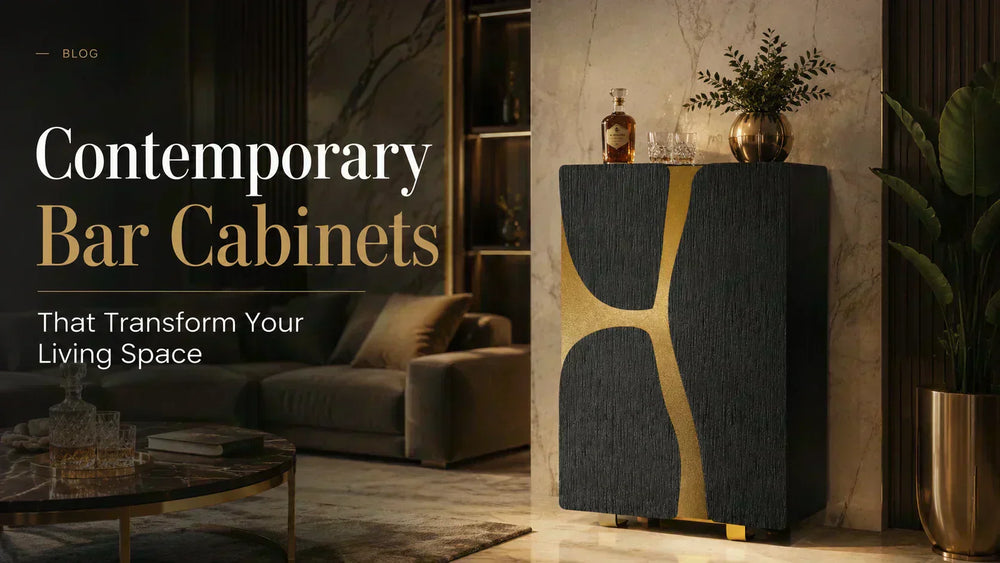 Luxury living room featuring a contemporary black and gold Bar Cabinet with elegant marble backdrop, premium décor, and blog title "Contemporary Bar Cabinets That Transform Your Living Space".