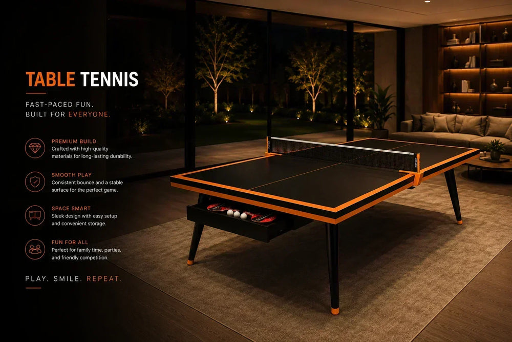 ARGMAC table tennis top in black with orange trim and a TT net, on tapered legs with a paddle and ball storage drawer, blog cover in a dark living room with a lit night garden view.
