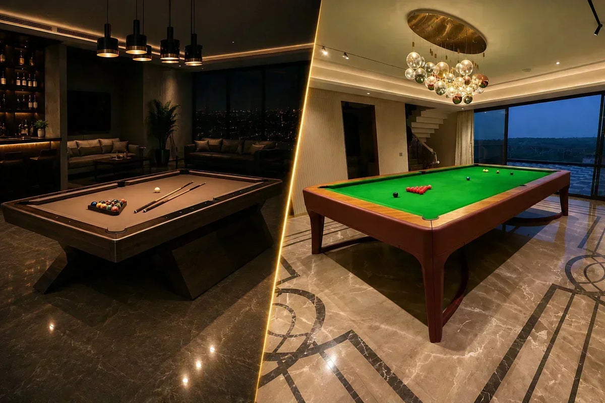 Pool table and snooker table side by side, pool and snooker balls racked on each, showing the size, cloth color, and styling differences between the two ARGMAC game rooms.