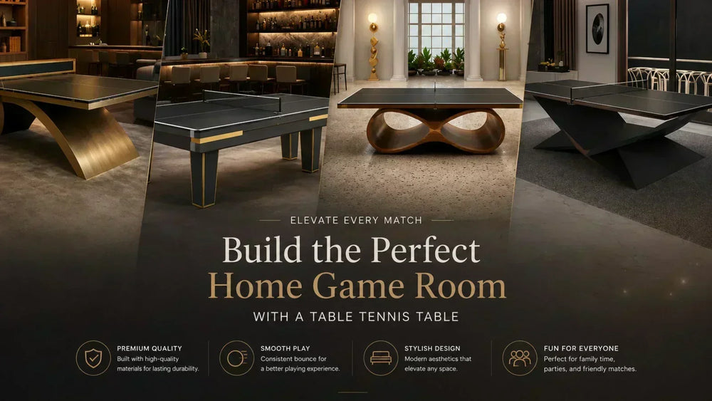 ARGMAC collection of table tennis tables with gold, striped, sculptural walnut, and angular black bases, a blog cover collage for the perfect home game room across luxury interiors