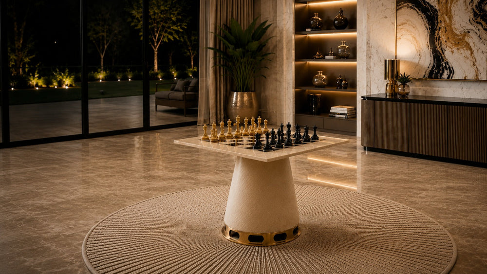 ARGMAC Gambit chess table with a marble chess top and gold and black chess characters, on a suede cone base with a brushed gold ring, in a marble hall overlooking a lit garden view
