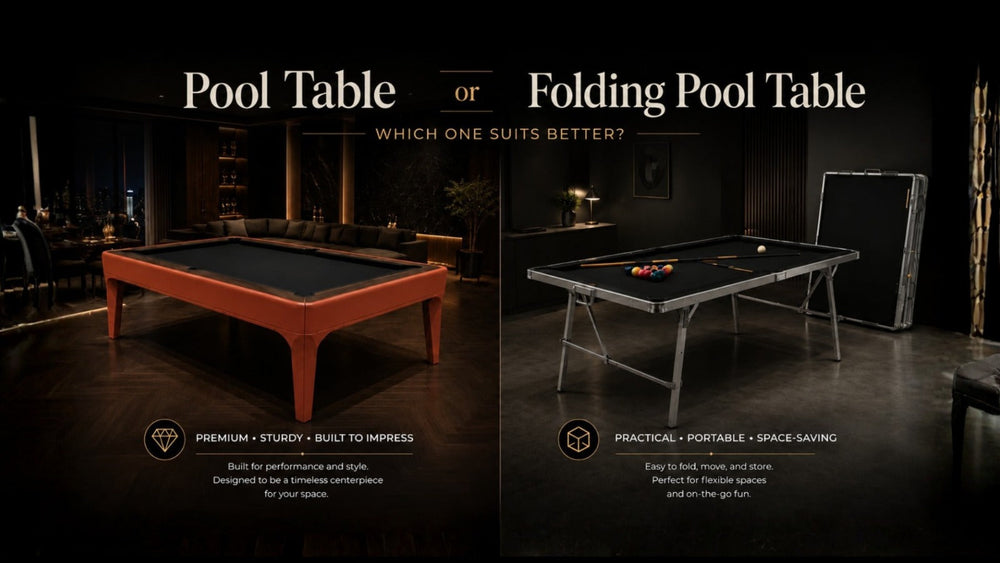 Pool table versus folding pool table comparison by ARGMAC, a premium orange leather pool table in a warm lounge beside a compact folding pool table with pool balls and pool cues racked.