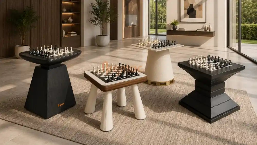 ARGMAC luxury chess table range shown side by side, black and cream finishes with wood accents and brass detail, boards ready for a game, styled in a warm contemporary living space.