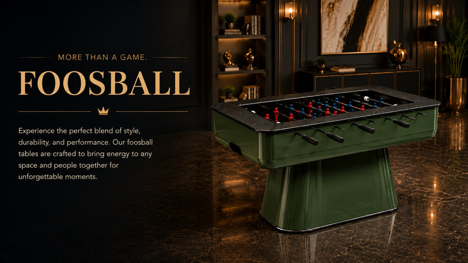 Luxury foosball table with premium green finish, modern design, and professional gameplay features, perfect for upscale game rooms, entertainment spaces, and stylish indoor recreation.