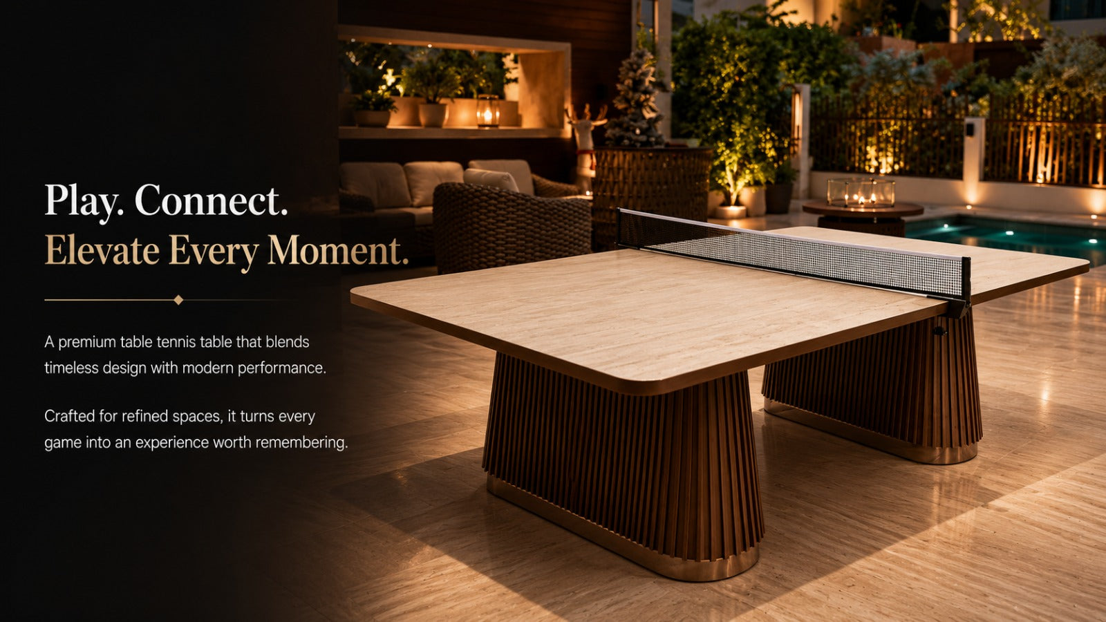 Luxury wooden table tennis in a premium outdoor lounge with warm lighting, modern net, and elegant patio setting for home