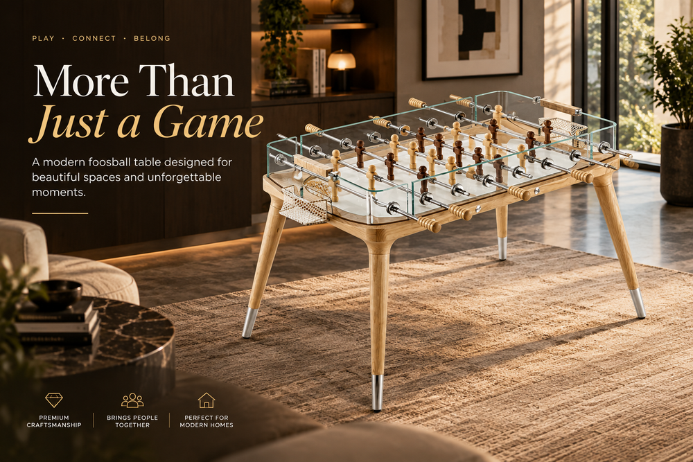 ARGMAC foosball table with tapered wooden legs, glass sides, wooden foosball handles and brown and natural wood foosball characters in a modern living room. 