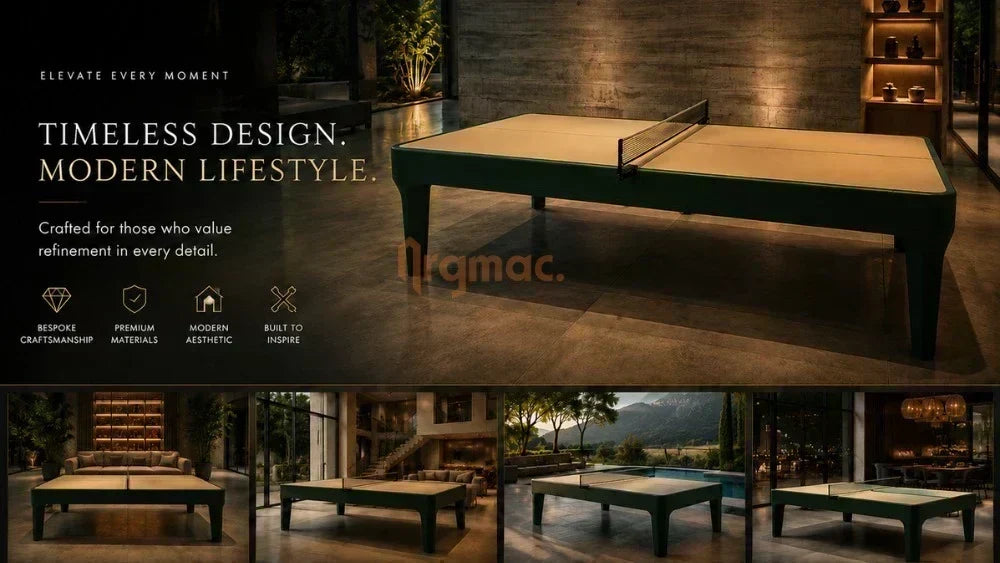 Negroni table tennis table by ARGMAC in dark green with a cream top, shown in a stone-walled interior and four more lifestyle settings below.