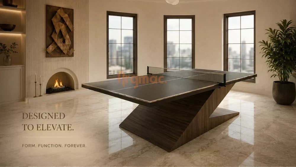ARGMAC TT table with a dark wood X-shaped base and black TT table top with a net, set in a bright lounge with arched windows overlooking the city