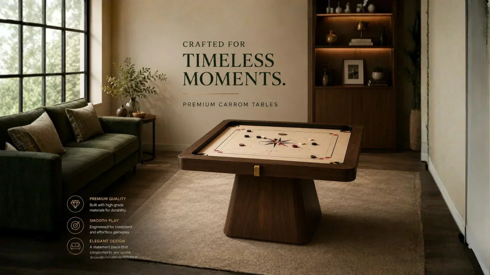 Luxury modern carrom board table in premium living room interior with designer wooden finishes