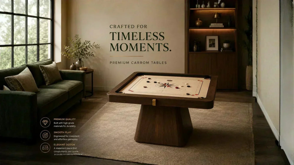 ARGMAC Elysian square carrom table with a cream carrom top, black and red carrom coins, on a walnut pedestal base, set in a living room with a green velvet sofa and wooden shelving