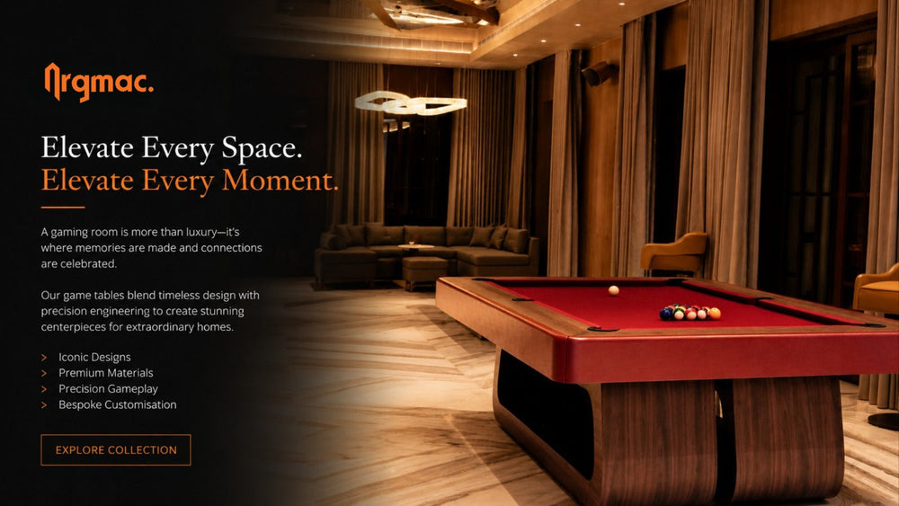 ARGMAC Negroni pool table with red pool cloth and racked pool balls, ready for a pool cue game, on a walnut Takamaka base, in a luxury lounge with sofas, drapes and marble flooring.