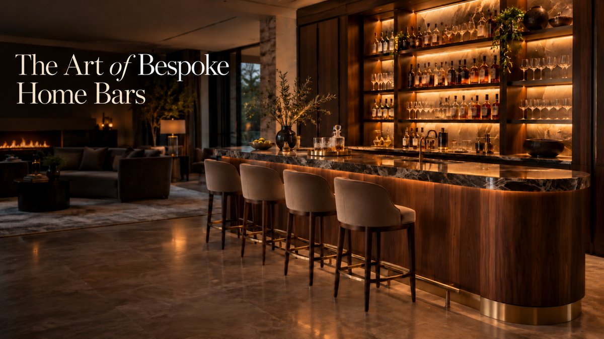 ARGMAC bespoke bars for the home: a custom home bar with counter seating and lit bottle shelving, made to measure so it fits the room and the way the owner hosts