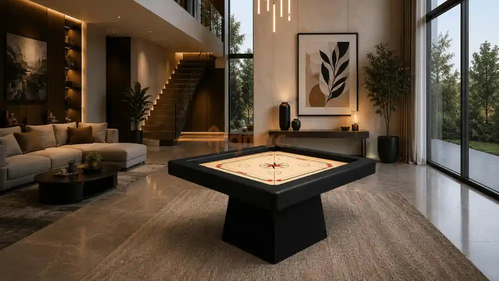 Contemporary carrom board table showcased inside a sophisticated living room with warm ambient lighting and floor-to-ceiling windows.