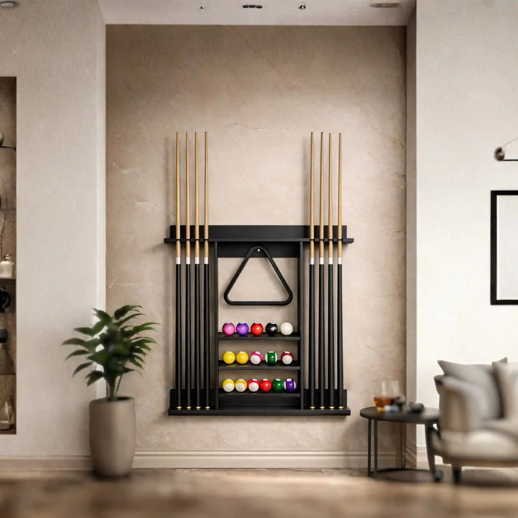 Wall Cue Stand in a room setting