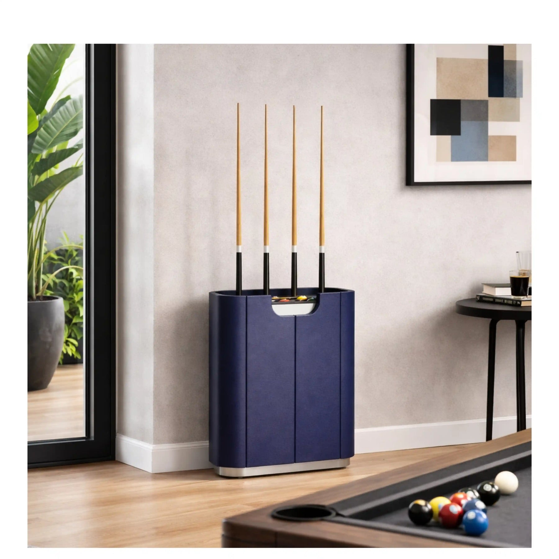 Blue Ember Cue Stand in a room setting
