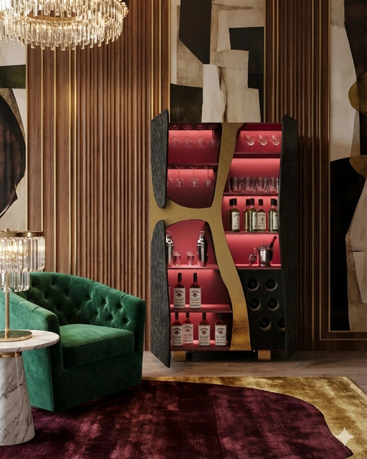 Flusso Bar Cabinet in a room setting